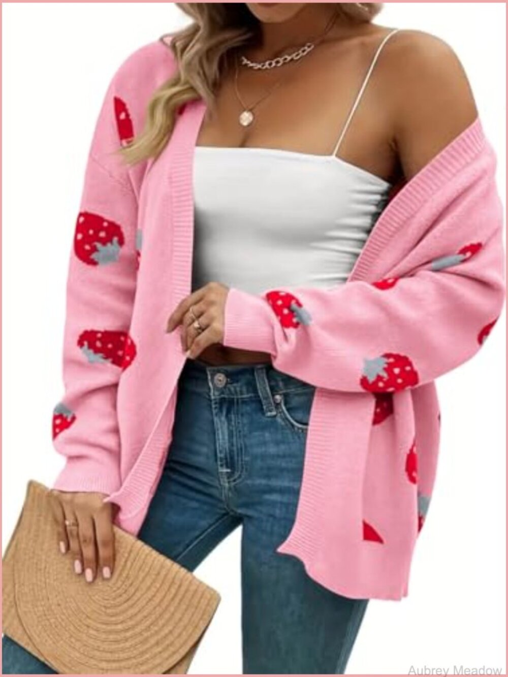 NWOT Pink Strawberry Print Open Cardigan Sweater - Picture 4 of 5